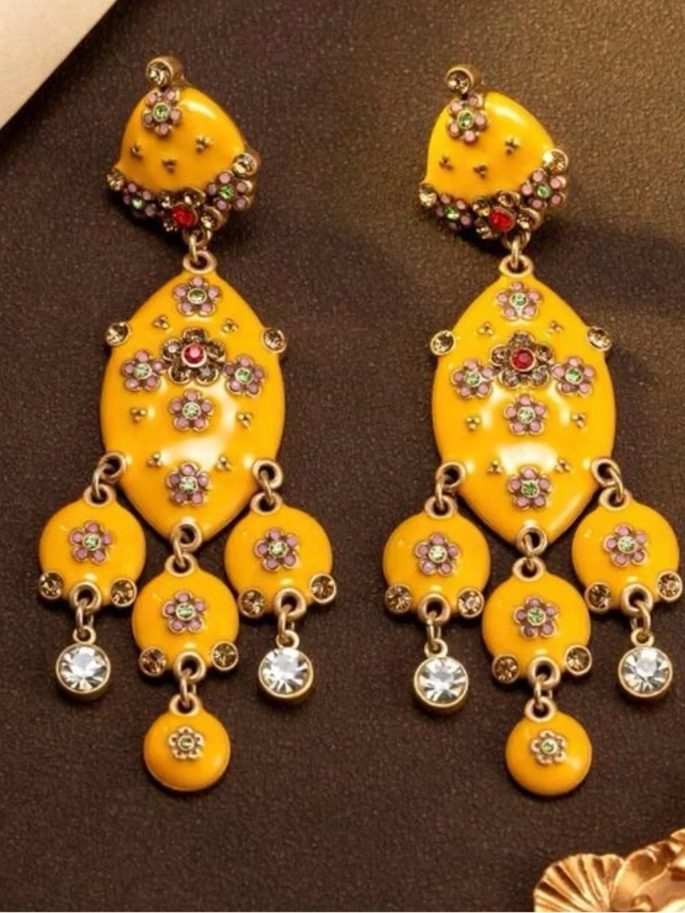 Vintage luxury Yellow Floral Dangle Earrings with Multicolor Accents